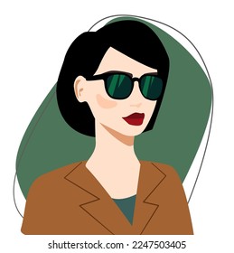 Stylish modern business lady. A brunette woman wearing sunglasses and a jacket. Business image for a sample in the office. Vector illustration Portrait of a woman is suitable for social networks 