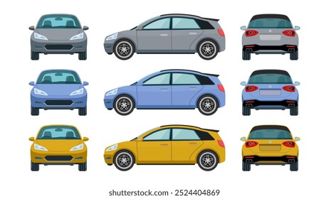 Stylish Modern Cartoon Hatchback Car Vector: Front, Side, Rear and Back Views in Vibrant Yellow, Blue, and Gray