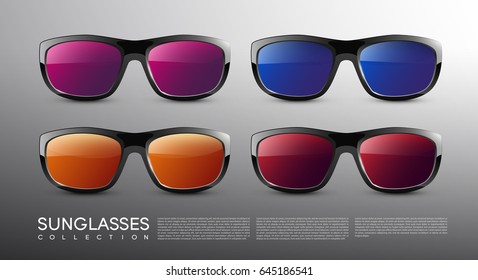 Stylish modern colored sunglasses set in realistic style on gray background isolated vector illustration