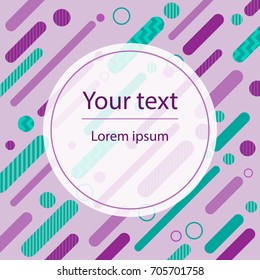 Stylish modern colorful pattern with frame for your text. Design composition of violet and mint green round spots and diagonal lines, decoration for banners, posters, cards etc. Vector illustration.