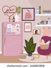 Stylish modern comfy apartment furnished, fridge with moodpboard, chair, carpet and home decorations. Scandinavian hygge style Interior. Flat vector illustration.