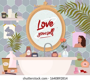 Stylish modern comfy apartment furnished. Scandinavian hygge style bathroom Interior with mirror, homeplants, cosmetics, candle and home decorations. Feminine Daily routine. Vector illustration