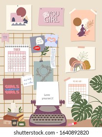 Stylish modern comfy apartment furnished. Scandinavian hygge style Interior. Feminine mood board, writing desk, typewriter, books and home plants. Flat vector illustration