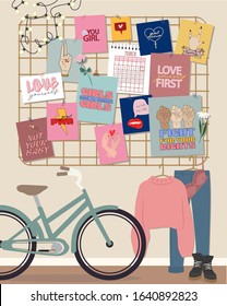 Stylish modern comfy apartment furnished. Scandinavian hygge style Interior. Feminine mood board, clothes, boots and bicycle. Flat vector illustration.