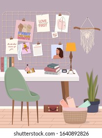 Stylish modern comfy apartment furnished with home decorations. Feminine mood board, writing desk with books, cosmetics and home plants.Scandinavian hygge style Interior. Flat vector illustration