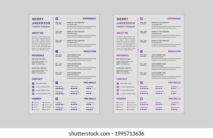 Stylish and modern cv resume template design with purple and blue color
