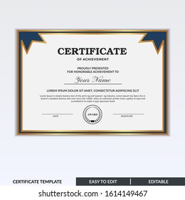 Stylish modern elegant certificate of achievement award template with badge. Certificate for award, appreciation, diploma, company, honor. Modern Certificate template design for any business needs.