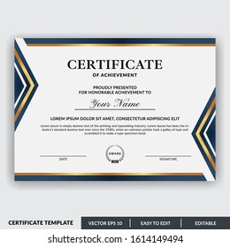 Stylish modern elegant certificate of achievement award template with badge. Certificate for award, appreciation, diploma, company, honor. Modern Certificate template design for any business needs.