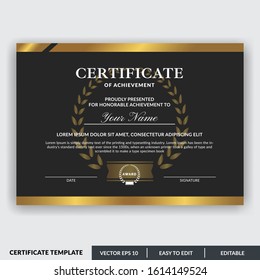 Stylish modern elegant certificate of achievement award template with badge. Certificate for award, appreciation, diploma, company, honor. Modern Certificate template design for any business needs.