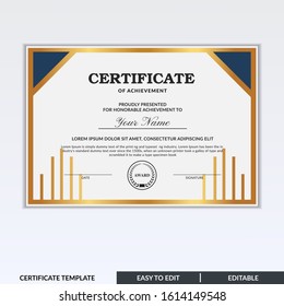 Stylish modern elegant certificate of achievement award template with badge. Certificate for award, appreciation, diploma, company, honor. Modern Certificate template design for any business needs.