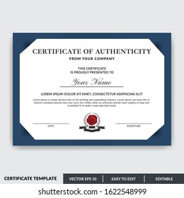 Stylish modern elegant certificate of Authenticity template with badge. Certificate for award, appreciation, diploma, company, honor. Modern Certificate template design for any business needs.