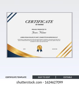 Stylish modern elegant certificate of award template with badge. Certificate for award, appreciation, diploma, company, honor. Modern Certificate template design for any business needs.