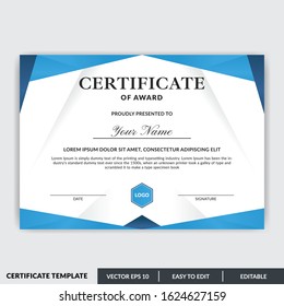 Stylish modern elegant certificate of award template with badge. Certificate for award, appreciation, diploma, company, honor. Modern Certificate template design for any business needs.