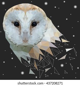 Stylish modern fashion trend vector owl in Low Poly style. Bird's head of triangles with lines and bright flashes on a black background. Space theme with polygonal design. Realistic colors and layout