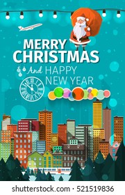 Stylish modern flat Christmas card with badge, city buildings, train, snowflakes, cute Santa Claus holding red sack full of gifts and presents behind his back. Holiday's christmas mood