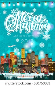 Stylish modern flat Christmas detailed poster with city scape, peoples, vehicles, walking people, airplane. Holidays Mood. Urban skyscrapers with lighted windows, snow, white train, street light