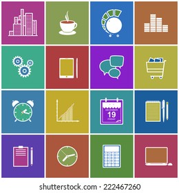 Stylish modern flat icons vector collection on  bright multicolored background of web design objects, business, office and marketing items. Vector illustration