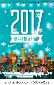 Stylish modern flat New Year detailed poster with city scape, peoples, vehicles, walking people, airplane. Holidays Mood. Urban skyscrapers with lighted windows,  white train, street light. 2017 year