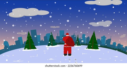 Stylish modern flat vector christmas illustration with city buildings, snowflakes, Santa Claus holding a red sack full of gifts behind his back. Festive Christmas mood.
