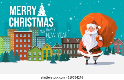 Stylish modern flat vector Christmas card with greeting, city buildings, snowflakes, cute Santa Claus holding red sack full of gifts and presents behind his back. Holiday's christmas mood