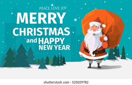 Stylish modern flat vector Merry Christmas card with greeting,  snowflakes, friendly cute Santa Claus holding red sack full of gifts and presents behind his back. Holiday's christmas mood