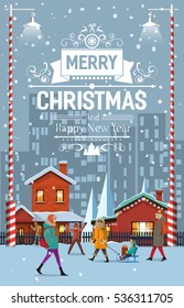 Stylish modern flat vintage Christmas card with house, apartment unites, snowflakes,  walking people