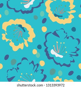 Stylish modern floral pattern in blue, turquoise and yellow. Great for summer or spring fashion, decor, textiles.  Colorful, bold seamless repeating vector design.