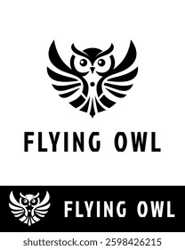 A stylish and modern flying owl logo with symmetrical wings, in black and white