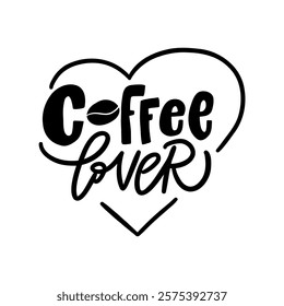 A stylish and modern hand-lettered phrase "Coffee Lover" inside a heart. Perfect for creating t-shirt designs, posters, and other design projects related to coffee, food, and beverages. 