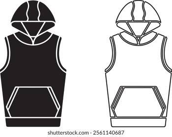 Stylish and modern hooded vest design, presented in both black and white silhouette formats.