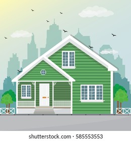 Stylish modern house facade design with the city background. Colorful building. Flat style vector illustration.