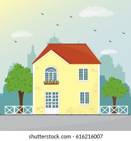 Stylish modern house facade design with the city background. Colorful building. Flat style vector illustration.