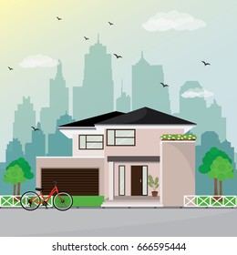 Stylish modern house facade design with the city background. Colorful building. Flat style vector illustration.