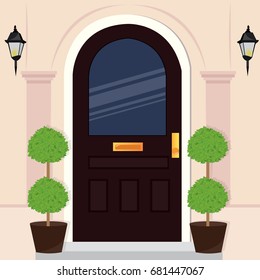 Stylish modern house facade design. Beautiful front door design. Flat style vector illustration.