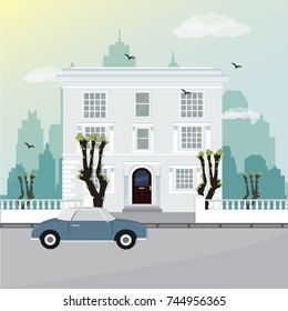 Stylish modern house facade design with a car and the city background. Colorful building. Flat style vector illustration.