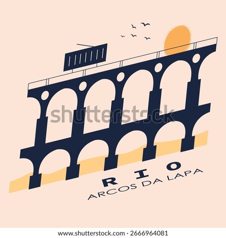 Stylish and modern illustration of Arcos da Lapa at sunset, capturing the iconic aqueduct of Rio de Janeiro. Great for posters, apparel, and graphic art.