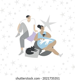 Stylish modern illustration of a couple spending an evening at home together with two cats sitting on soft pillows. Concept of home activity coziness comfort
