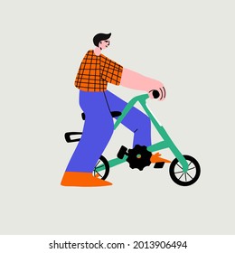 Stylish modern illustration of a young guy riding his A bike, enjoying the ride. Modern style vector illustration 