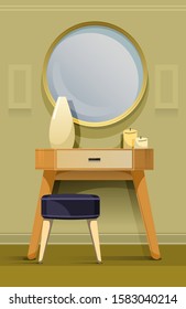 Stylish modern interior of dressing room with mirror, chair, dressing table with vase and candles on it