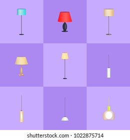 Stylish and modern interior light appliances. Floor and table lamps together with minimalistic chandeliers isolated cartoon flat vector illustrations.