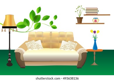 the stylish, modern interior with a sofa, a table, a floor lamp, a shelf for books