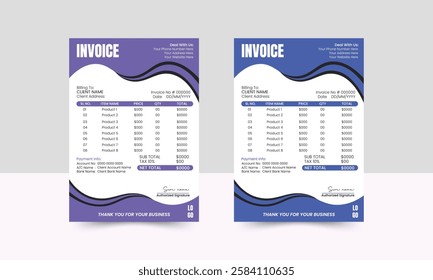 A stylish and modern invoice template, ideal for businesses looking to streamline their billing process. Available in AI formats.