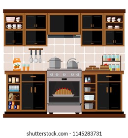 Stylish and modern kitchen in dark and black tones. Vector illustration, set.