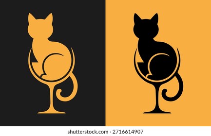 Stilvolles und modernes Logo mit einer Katzensilhouette in einem Weinglas in schwarz-goldenen Farben