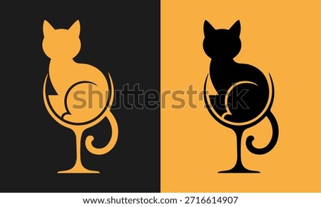 Stylish and modern logo featuring a cat silhouette within a wine glass in black and gold colors