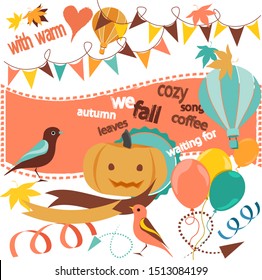 Stylish modern new clip art of autumn things like pumpkin, birds, leaves, balloons, garlands. Vector set of fall elements for scrapbooking design of decorative cards poster banner with space for text