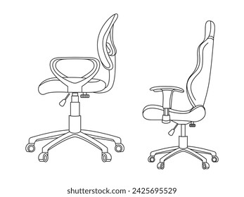 Stylish modern office chair, assorted set of black leather office chairs, Vector minimal office chairs angle view isolated on white background.