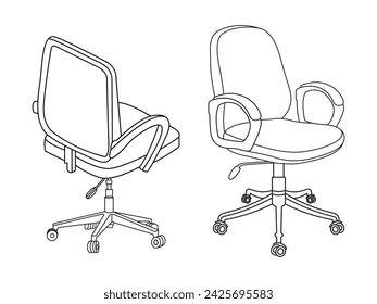 Stylish modern office chair, assorted set of black leather office chairs, Vector minimal office chairs angle view isolated on white background.