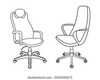 Elegante silla de oficina moderna, surtido conjunto de sillas de oficina de cuero negro, Vector minimalista silla de oficina vista angular aislado sobre fondo blanco.