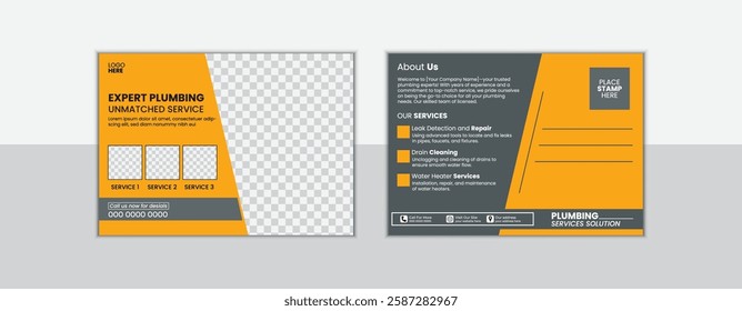 stylish modern plumbing Postcard Template Design, Simple and Clean Modern Minimal Postcard Template, plumber Postcard, plumber marketing card, plumbing promotion card.